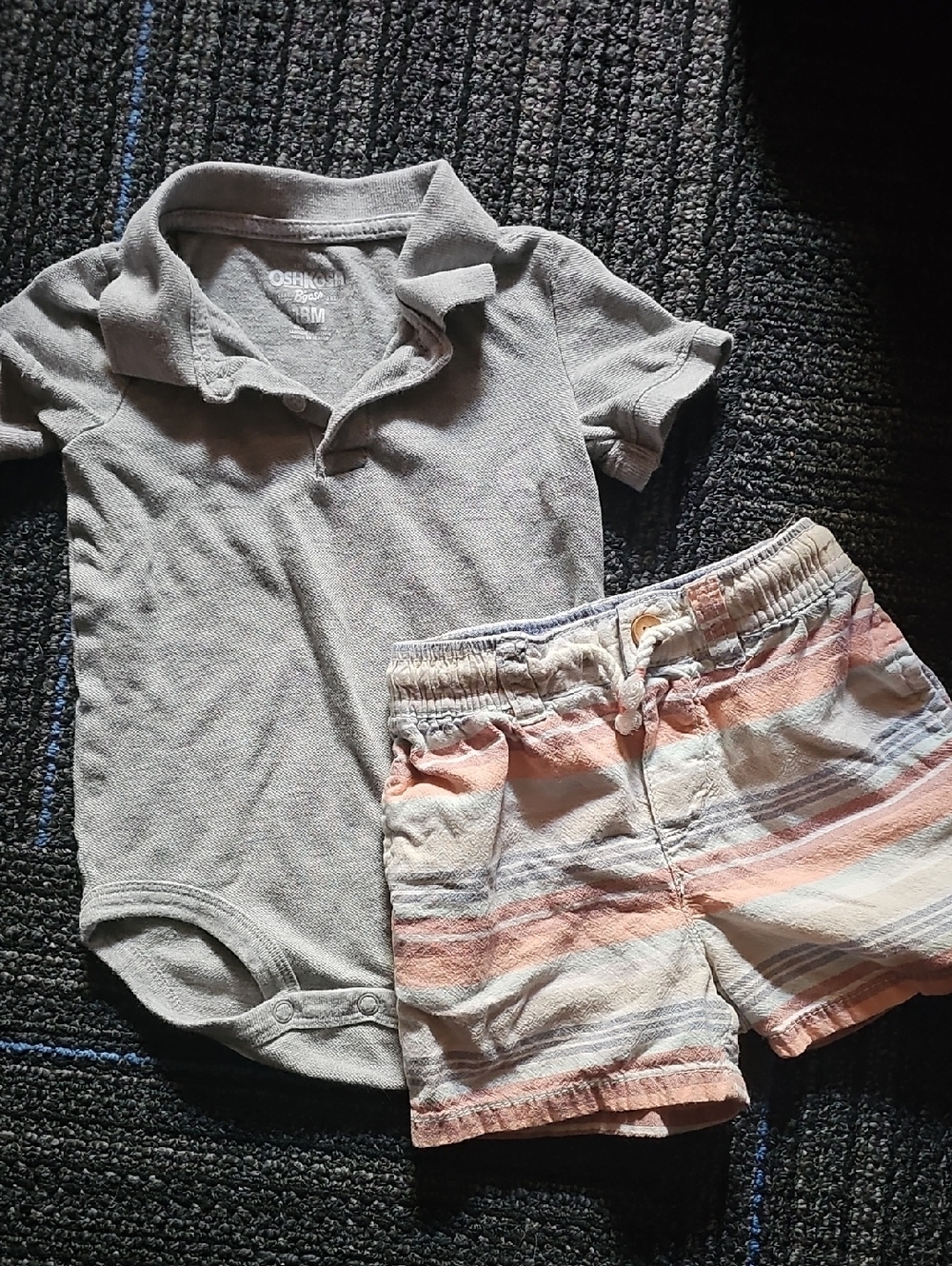 OshKosh Gray Polo Bodysuit with Striped Orange & Cream Shorts